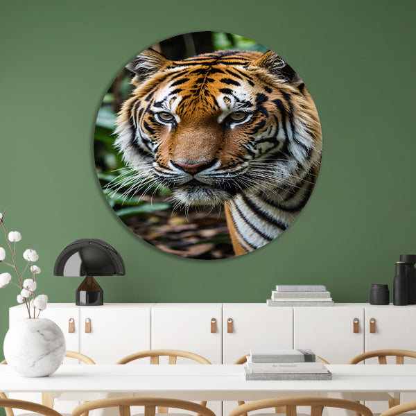 Indrukwekkende tijger in weelderige jungle aluminium muurcirkel