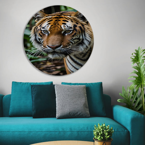 Indrukwekkende tijger in weelderige jungle aluminium muurcirkel
