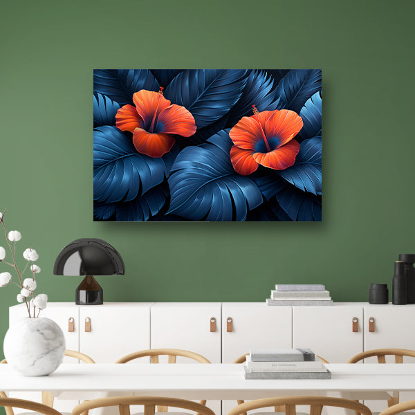 Rode Hibiscusbloemen met Blauwe Bladeren canvas