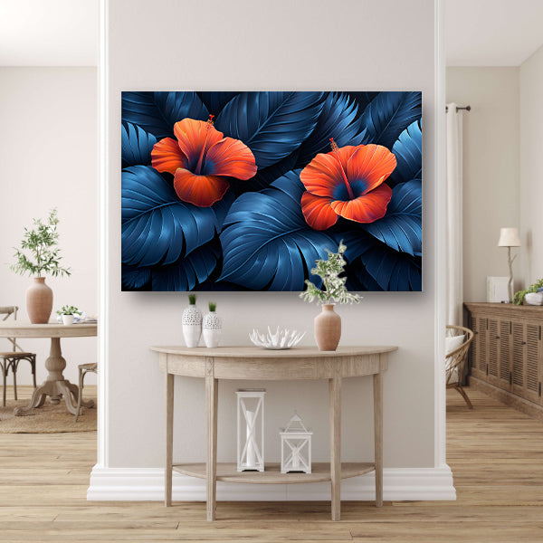 Rode Hibiscusbloemen met Blauwe Bladeren canvas