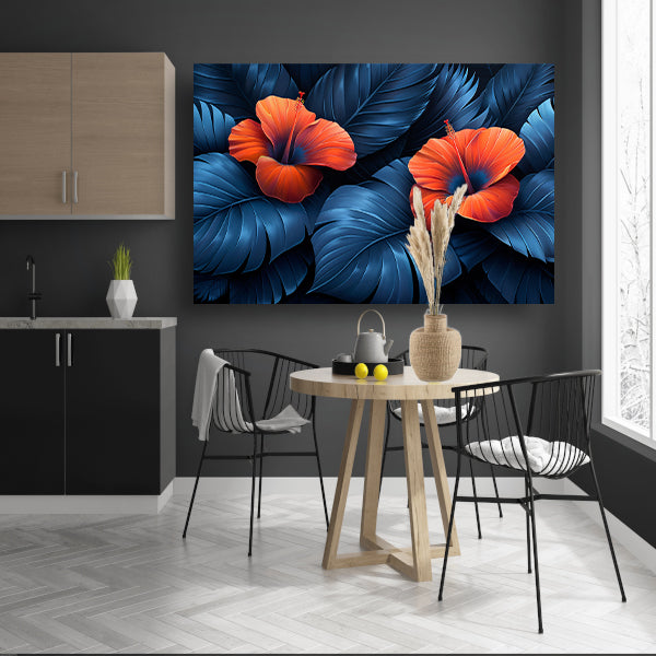 Rode Hibiscusbloemen met Blauwe Bladeren canvas
