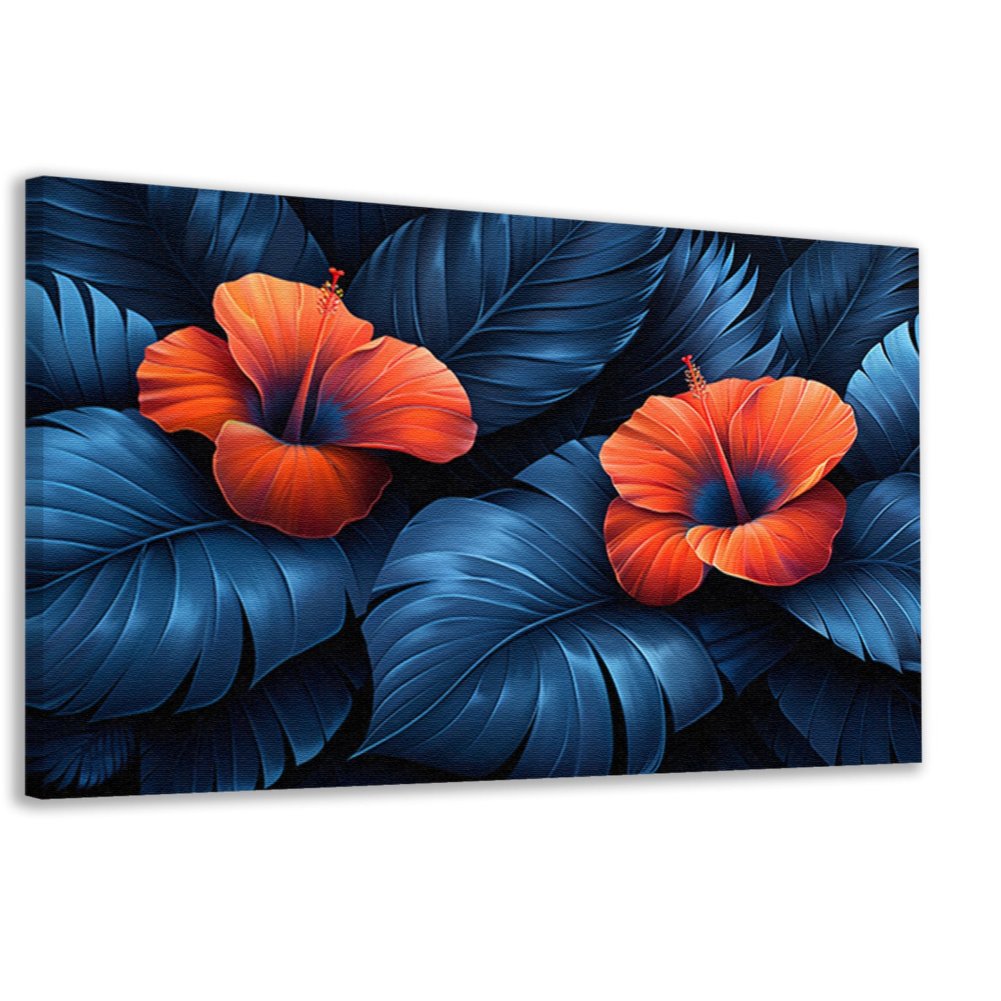 Rode Hibiscusbloemen met Blauwe Bladeren canvas