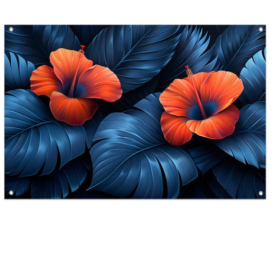 Rode Hibiscusbloemen met Blauwe Bladeren tuinposter