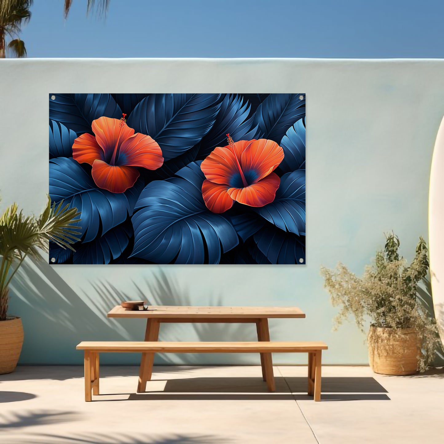 Rode Hibiscusbloemen met Blauwe Bladeren tuinposter