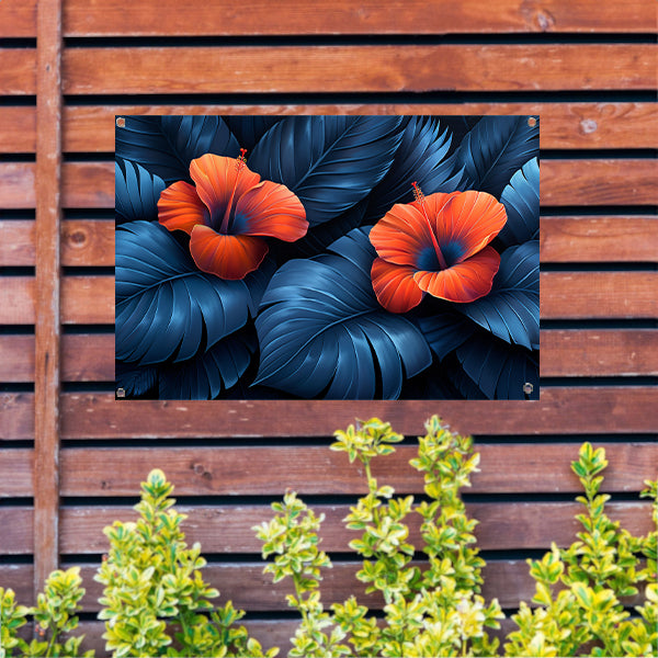 Rode Hibiscusbloemen met Blauwe Bladeren tuinposter