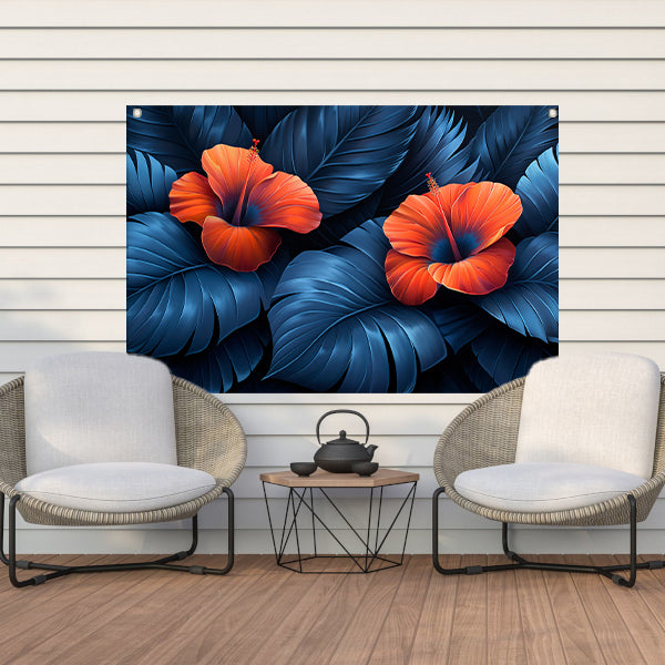 Rode Hibiscusbloemen met Blauwe Bladeren tuinposter