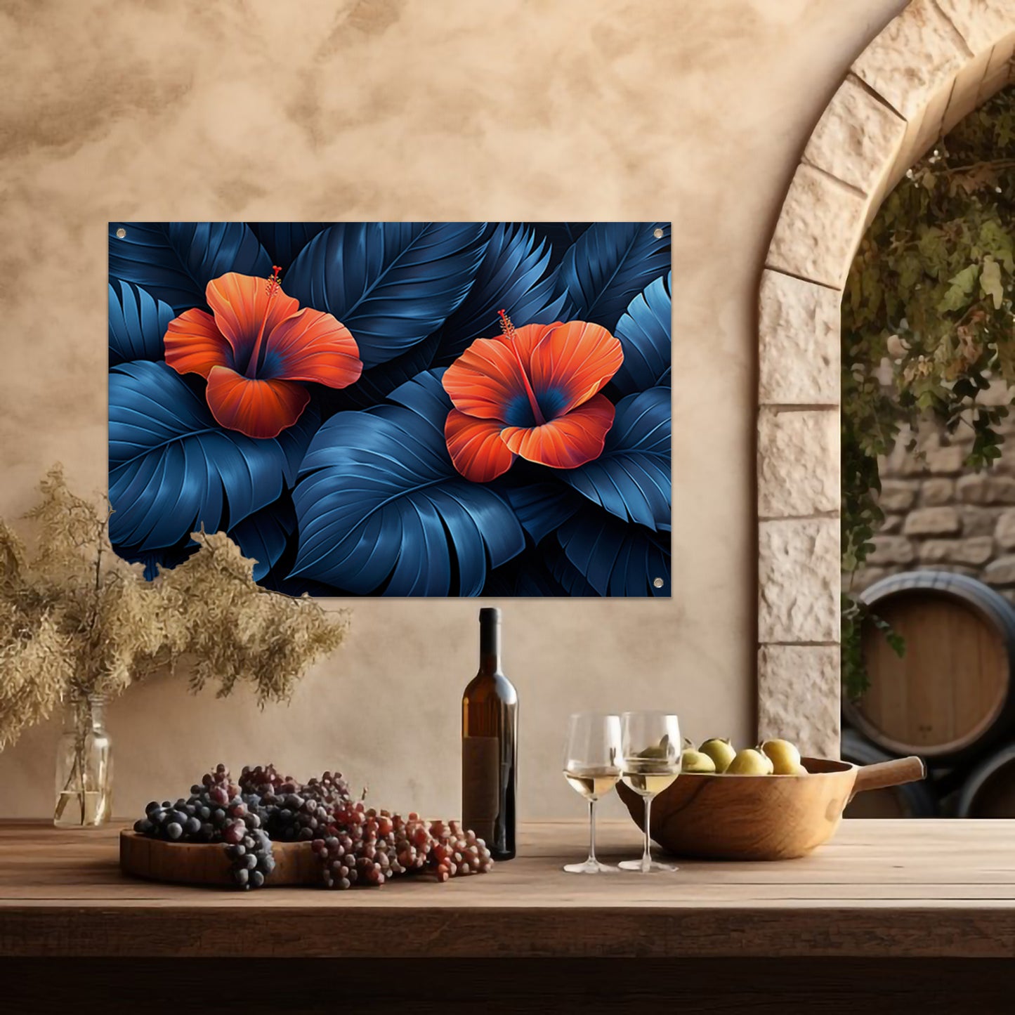 Rode Hibiscusbloemen met Blauwe Bladeren tuinposter