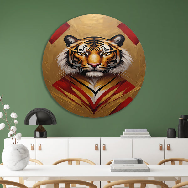 Majestueuze Tijger Omringd door Gouden Gloed aluminium muurcirkel