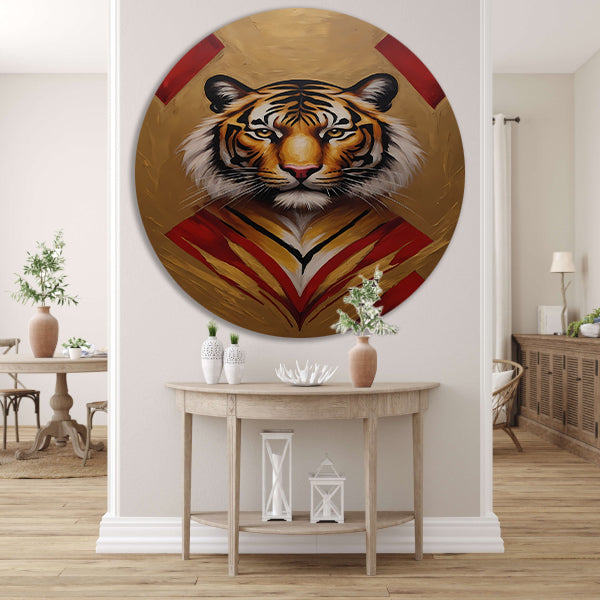 Majestueuze Tijger Omringd door Gouden Gloed aluminium muurcirkel