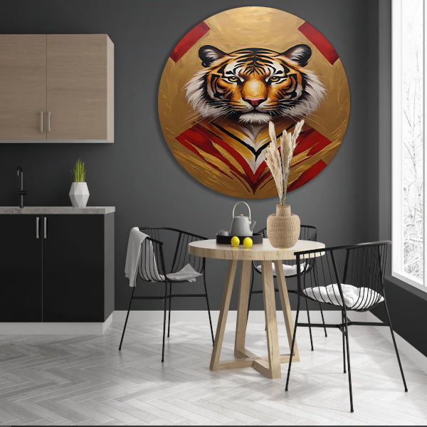 Majestueuze Tijger Omringd door Gouden Gloed aluminium muurcirkel