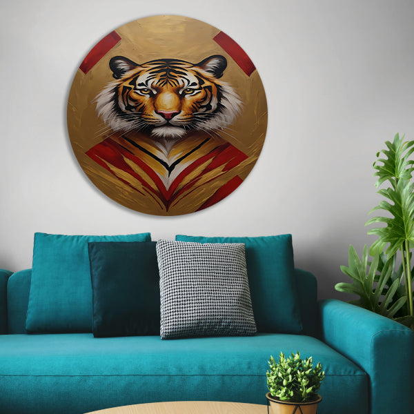 Majestueuze Tijger Omringd door Gouden Gloed aluminium muurcirkel