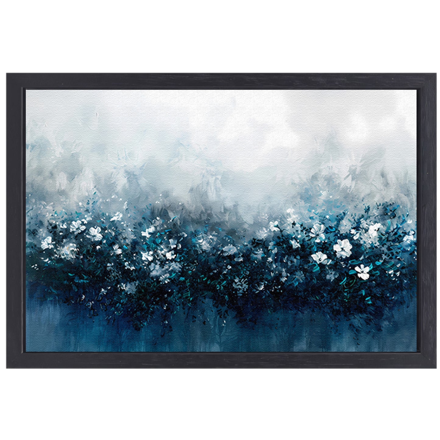 Abstract bloemenveld in blauwe tinten canvas met baklijst