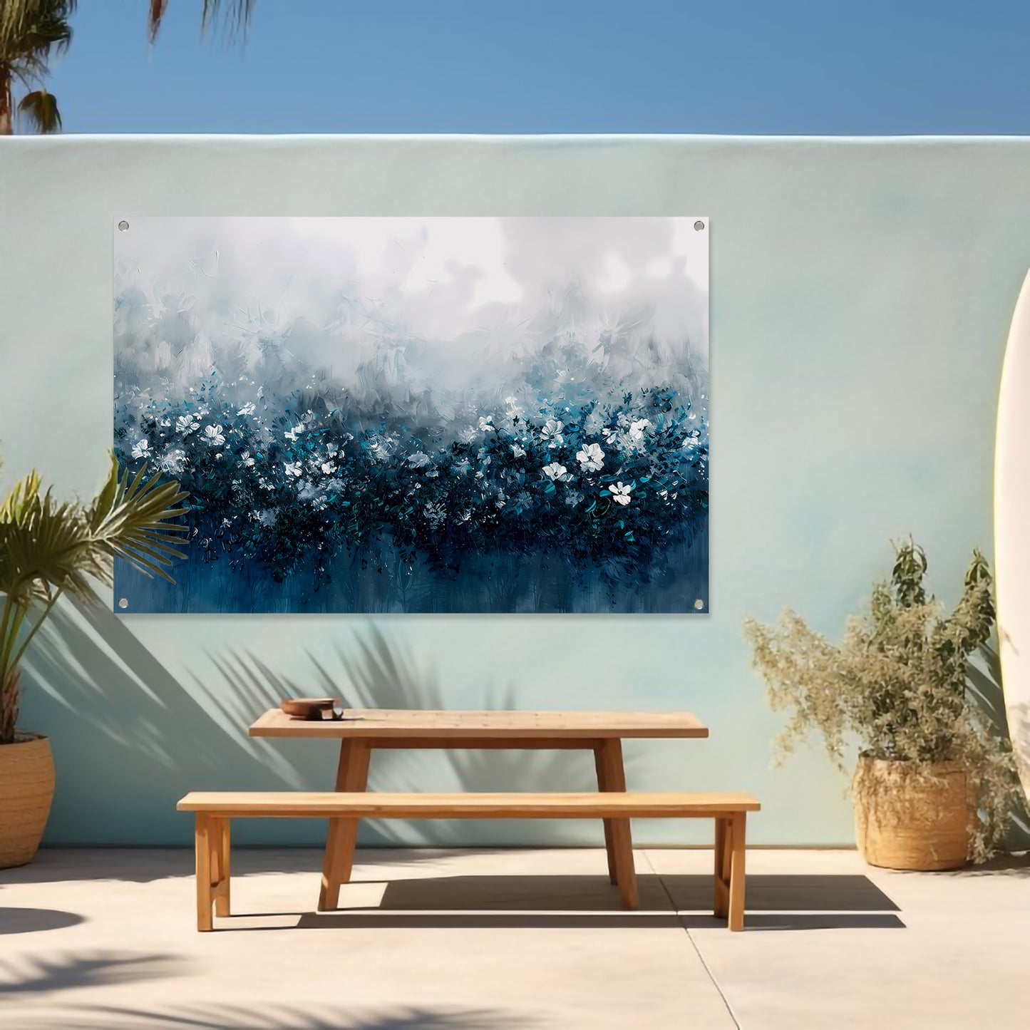 Abstract bloemenveld in blauwe tinten tuinposter