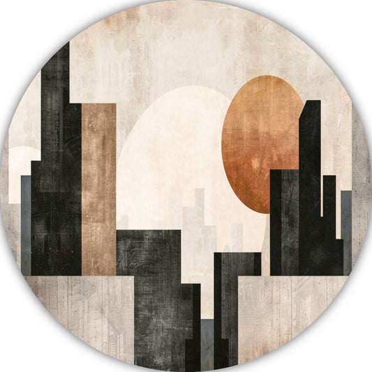 Minimalistische zonsondergang en stadssilhouet aluminium muurcirkel