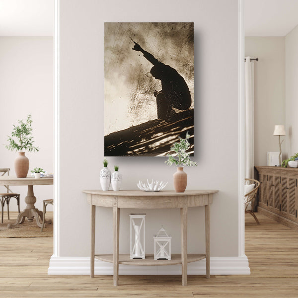 Schaduw van een persoon met opgeheven vingers canvas