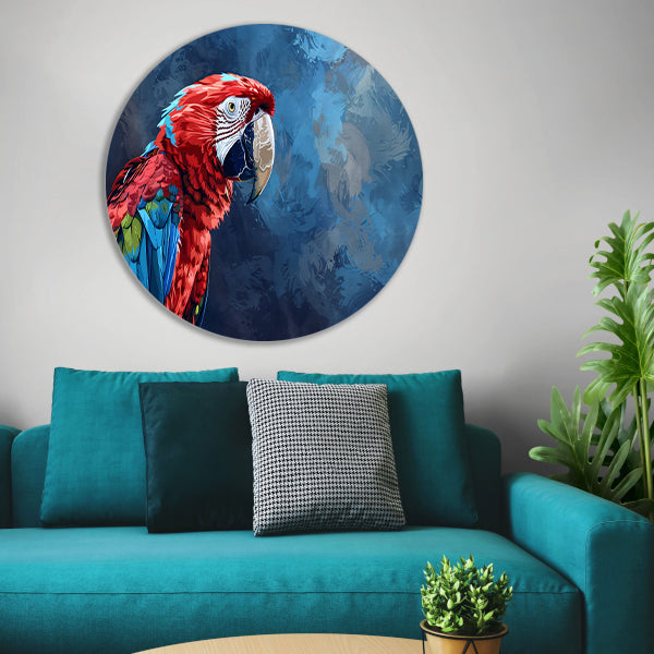 Levendige digitale kunst van kleurrijke papegaai aluminium muurcirkel