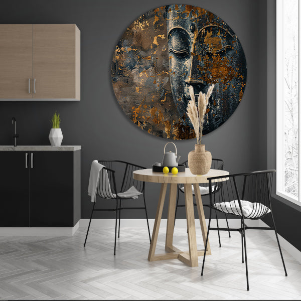 Mysterieuze Boeddha met gouden accenten aluminium muurcirkel