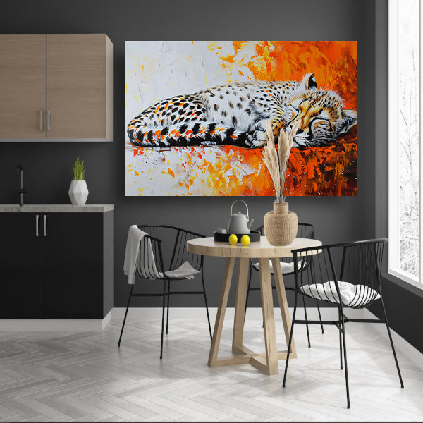 Slapende cheeta met kleurrijke oranje achtergrond canvas