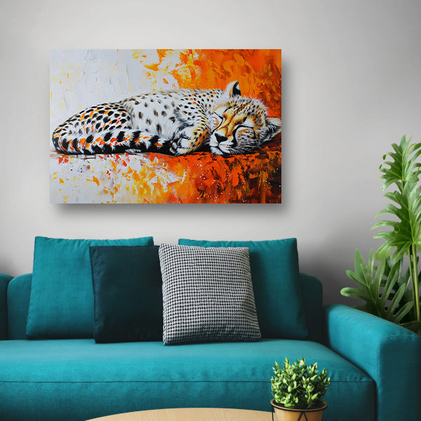 Slapende cheeta met kleurrijke oranje achtergrond canvas
