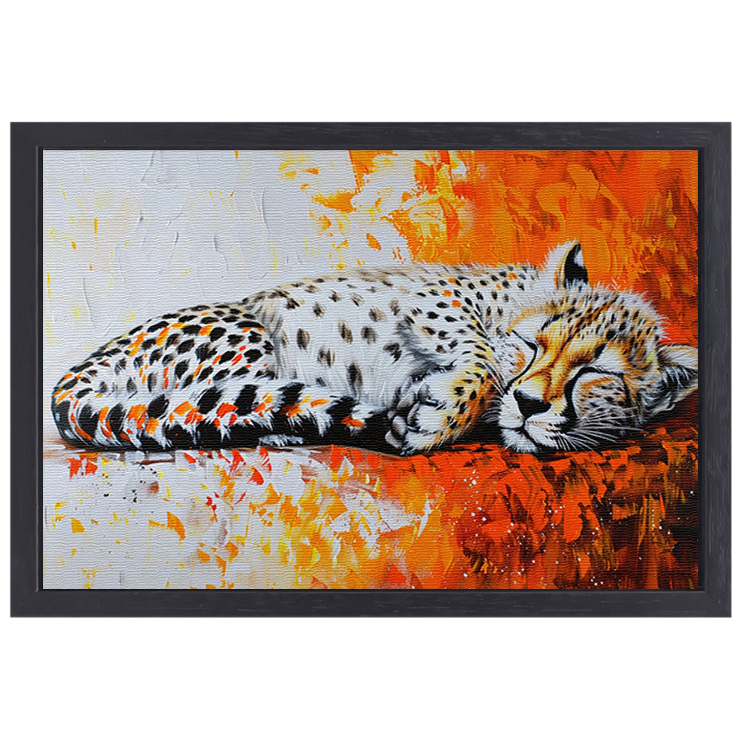 Slapende cheeta met kleurrijke oranje achtergrond canvas met baklijst