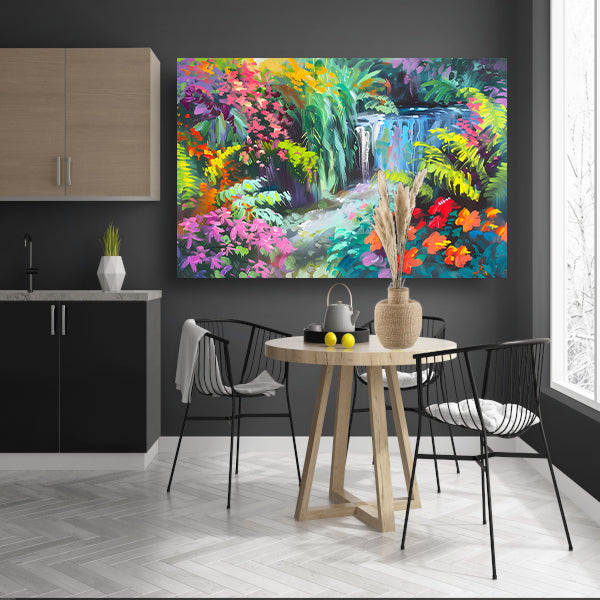 Impressionistische waterval met kleurrijke bloemenpracht poster