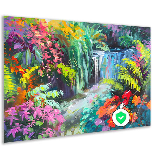 Impressionistische waterval met kleurrijke bloemenpracht poster