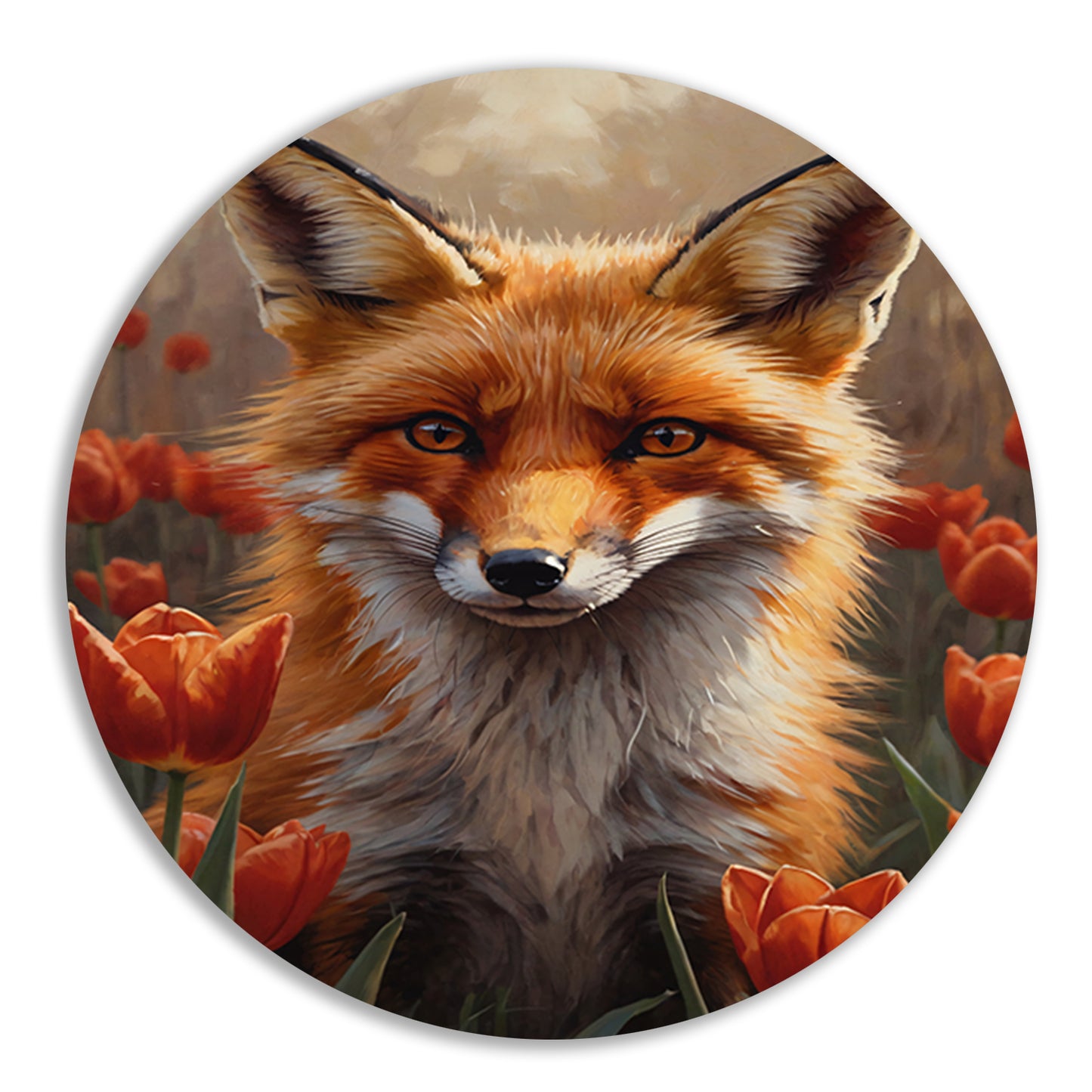 Herfst Vos tussen de Bloeiende Tulpen aluminium muurcirkel