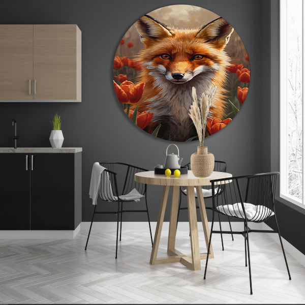 Herfst Vos tussen de Bloeiende Tulpen aluminium muurcirkel