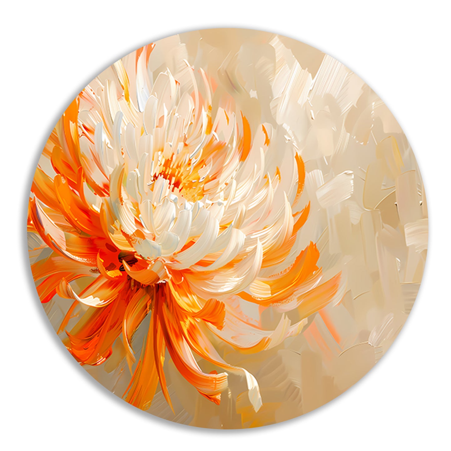 Abstract schilderij van oranje en witte bloem aluminium muurcirkel