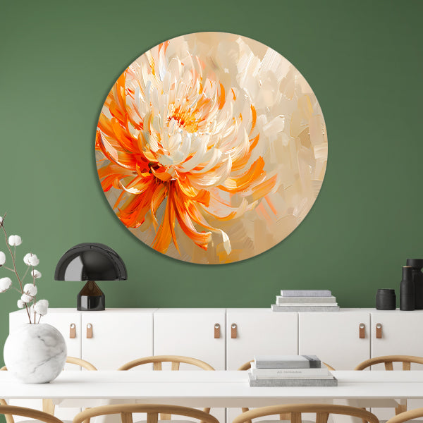 Abstract schilderij van oranje en witte bloem aluminium muurcirkel