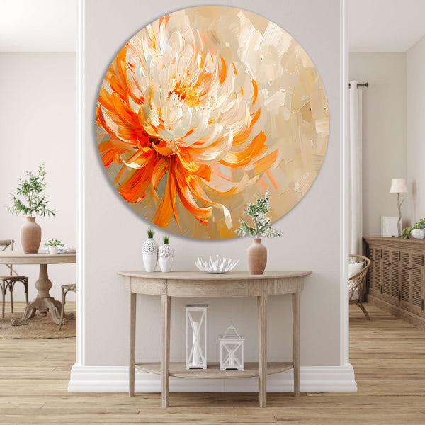 Abstract schilderij van oranje en witte bloem aluminium muurcirkel