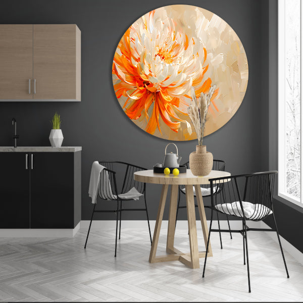 Abstract schilderij van oranje en witte bloem aluminium muurcirkel