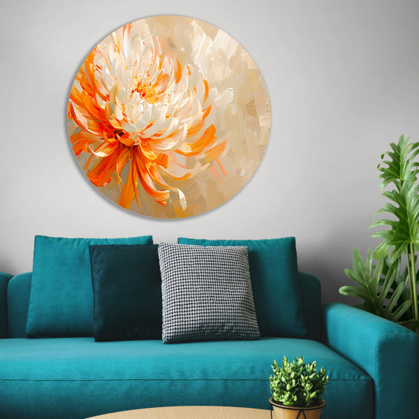Abstract schilderij van oranje en witte bloem aluminium muurcirkel