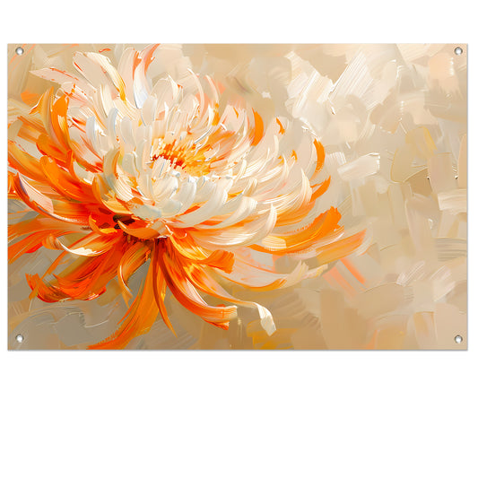 Abstract schilderij van oranje en witte bloem tuinposter