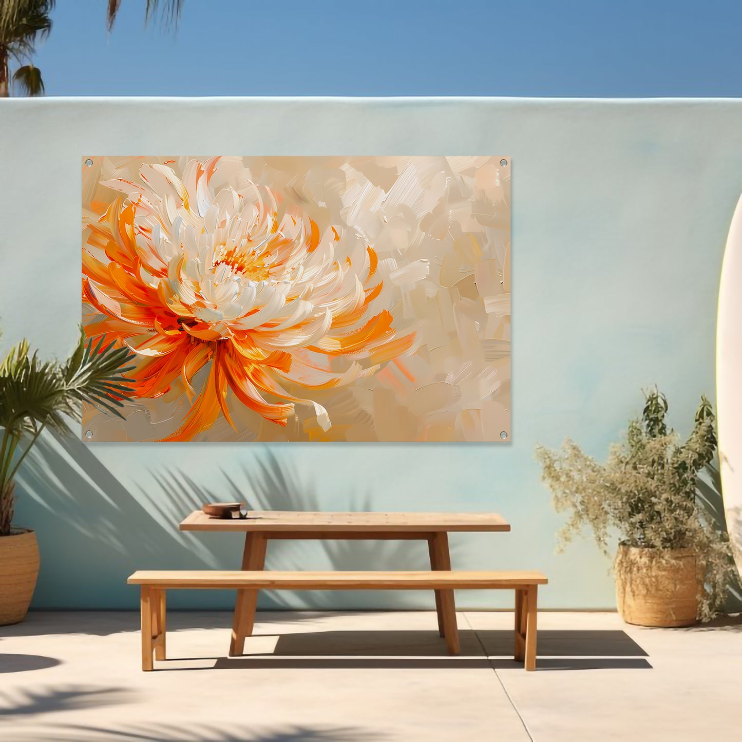 Abstract schilderij van oranje en witte bloem tuinposter