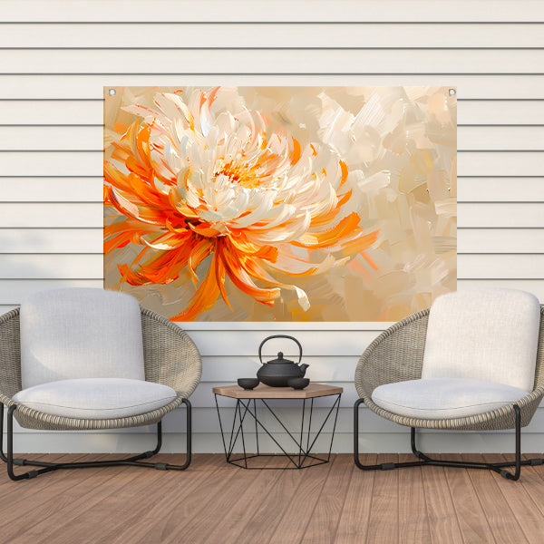 Abstract schilderij van oranje en witte bloem tuinposter