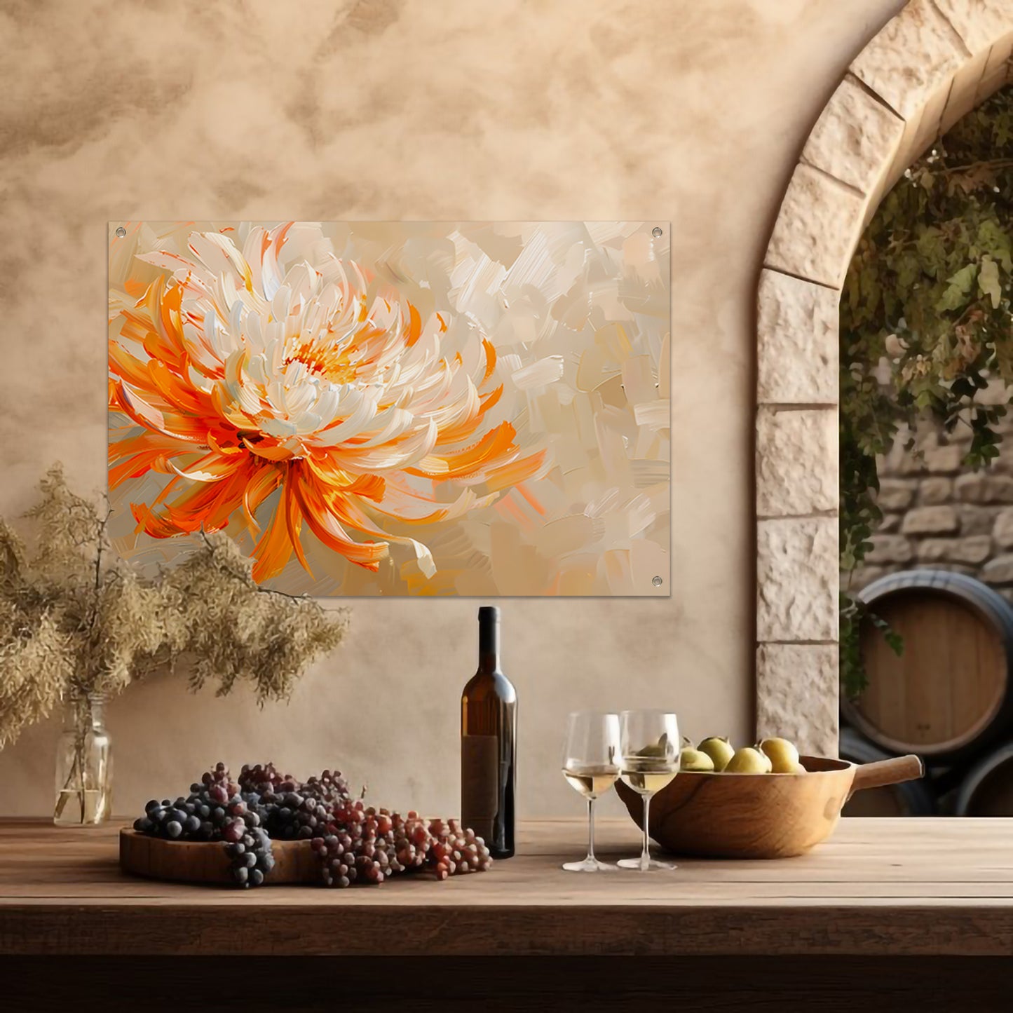 Abstract schilderij van oranje en witte bloem tuinposter