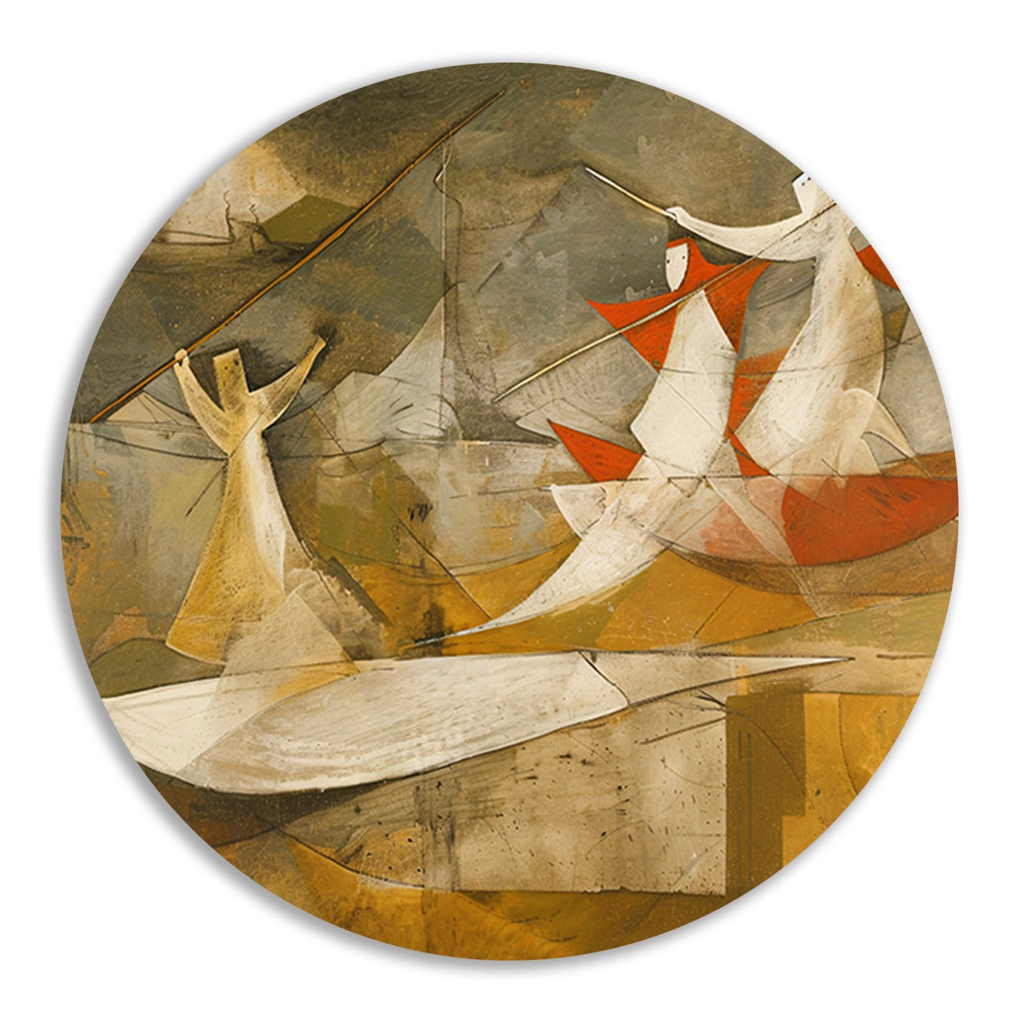 Dynamisch abstract schilderij met kubistische figuren aluminium muurcirkel