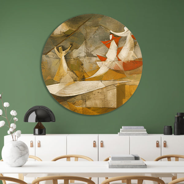 Dynamisch abstract schilderij met kubistische figuren aluminium muurcirkel