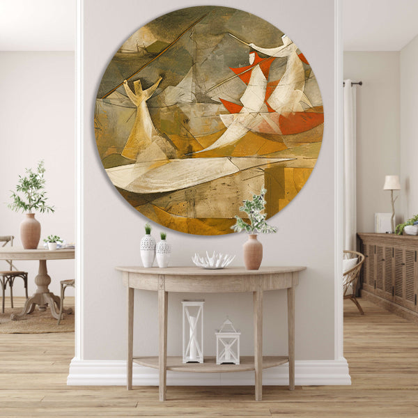 Dynamisch abstract schilderij met kubistische figuren aluminium muurcirkel