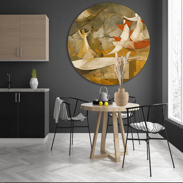 Dynamisch abstract schilderij met kubistische figuren aluminium muurcirkel