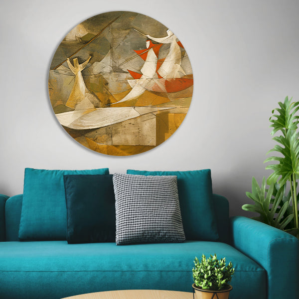 Dynamisch abstract schilderij met kubistische figuren aluminium muurcirkel