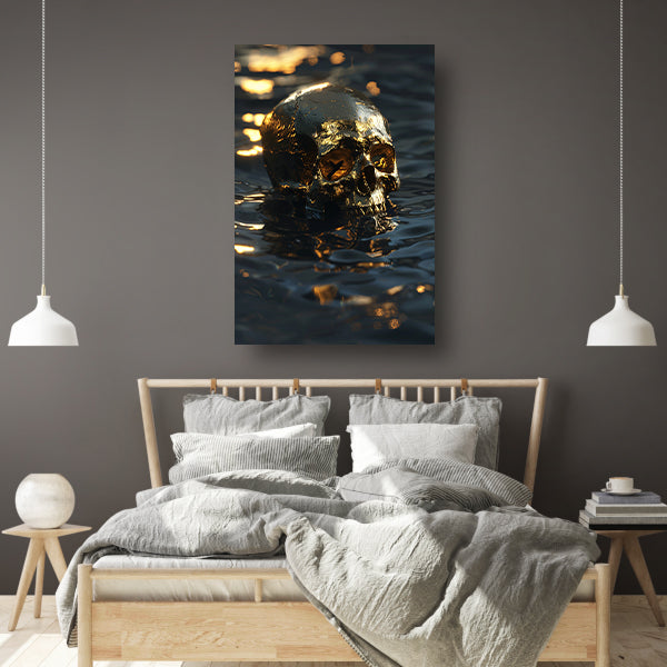 Vergulde schedel met gouden details in water canvas