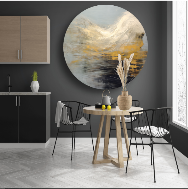 Dynamiek van Goud en Zwart in Abstractie aluminium muurcirkel