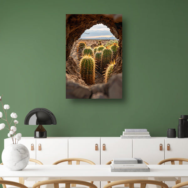 Cactussen door een natuurlijk venster canvas