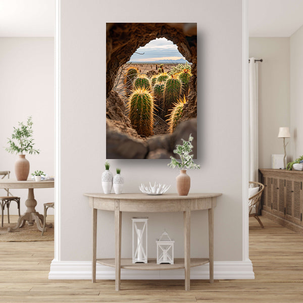 Cactussen door een natuurlijk venster canvas