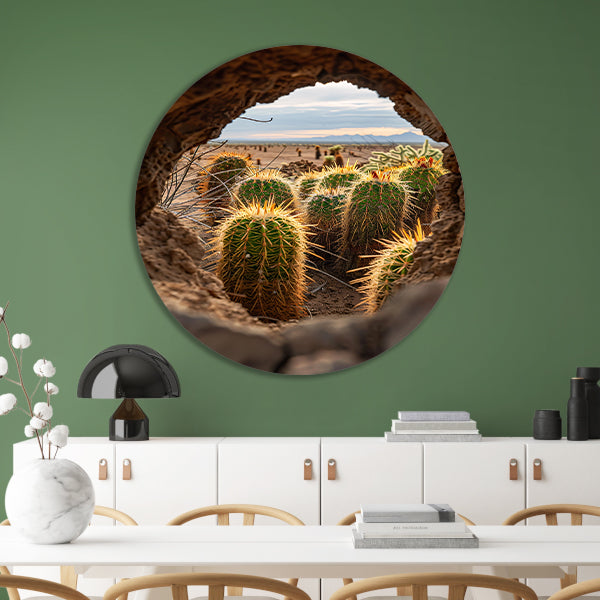 Cactussen door een natuurlijk venster aluminium muurcirkel