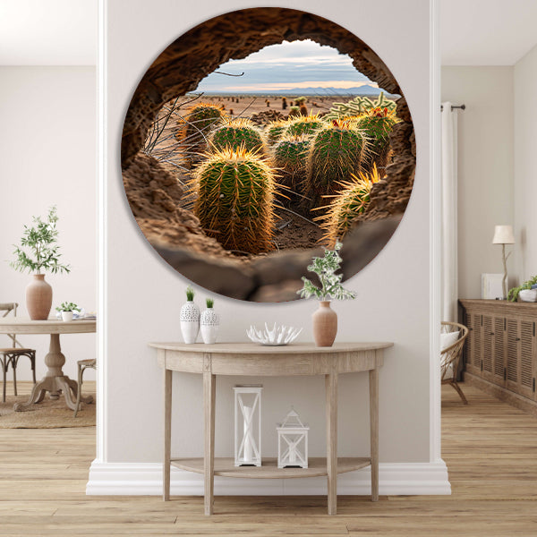 Cactussen door een natuurlijk venster aluminium muurcirkel