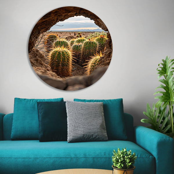 Cactussen door een natuurlijk venster aluminium muurcirkel
