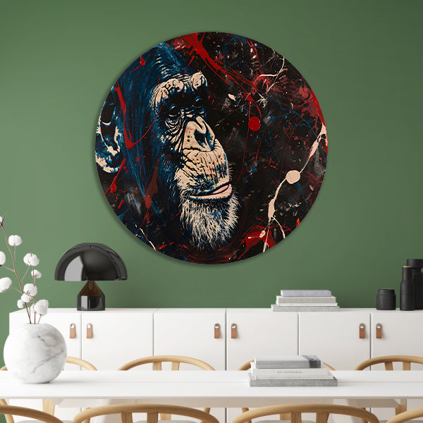 Abstract schilderij van aap met verfspetters aluminium muurcirkel
